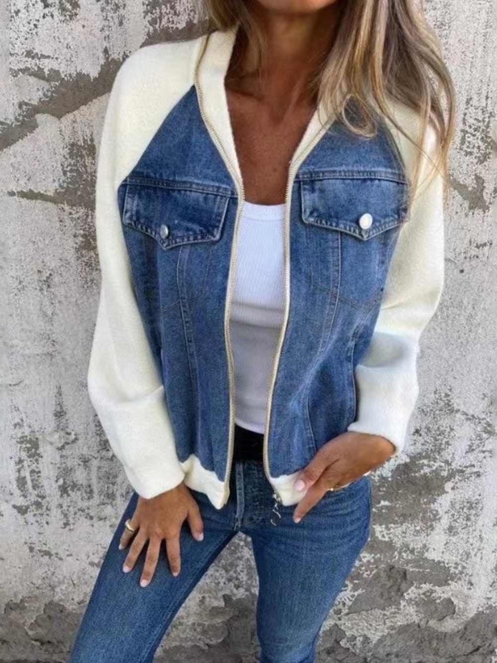 ShopEvelynne Blue Denim Front with Cream Knit-Sleeve Jacket